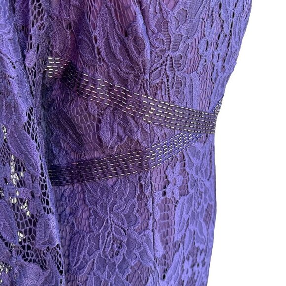 Adrianna Papell Womens Glam Purple Illusion Lace Beaded Waist Long Sleeve Gown - Picture 4 of 15